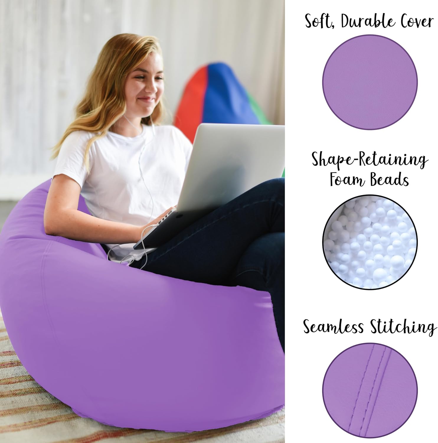 FDP SoftScape Classic 35" Standard Bean Bag Chair, Furniture for Kids, Teens, Perfect for Reading, Playing Video Games, Relaxing Alternative Seating for Classroom, Library, Home - Lavender, 10478-LV