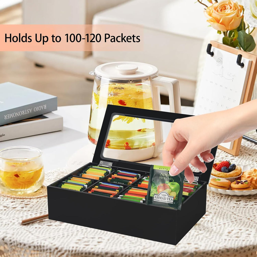 Tasybox Tea Bag Organizer, Acrylic Tea Box with Lid, Black Teabag Holder | 8 Slot Tea Bag Holder, Large Capacity Teabag Storage Box, Tea Organizers and Storage for Countertop, Pantry, Kitchen, Cabinet