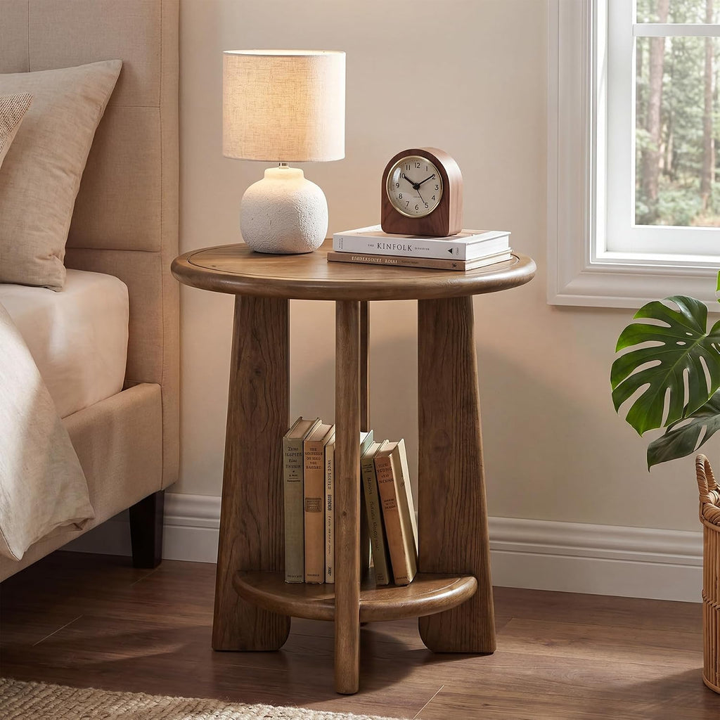 Solid Wood Side Table, 2-Tier Round Accent End Table, Bedside Nightstand with Shelf for Small Space, Living Room, Bedroom, Vintage, Easy Assembly