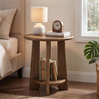 Solid Wood Side Table, 2-Tier Round Accent End Table, Bedside Nightstand with Shelf for Small Space, Living Room, Bedroom, Vintage, Easy Assembly