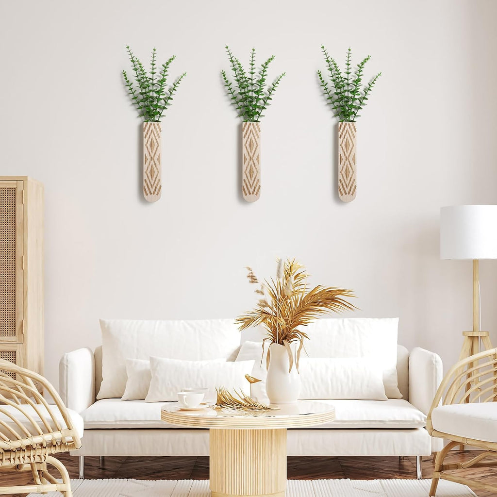 3 Pack Wood Wall Planter, Boho Wall Art for Entryway and Bathroom Decor, Modern Farmhouse Decor, Wall Decor Vase for Holding Fake Plants and Dried Flowers