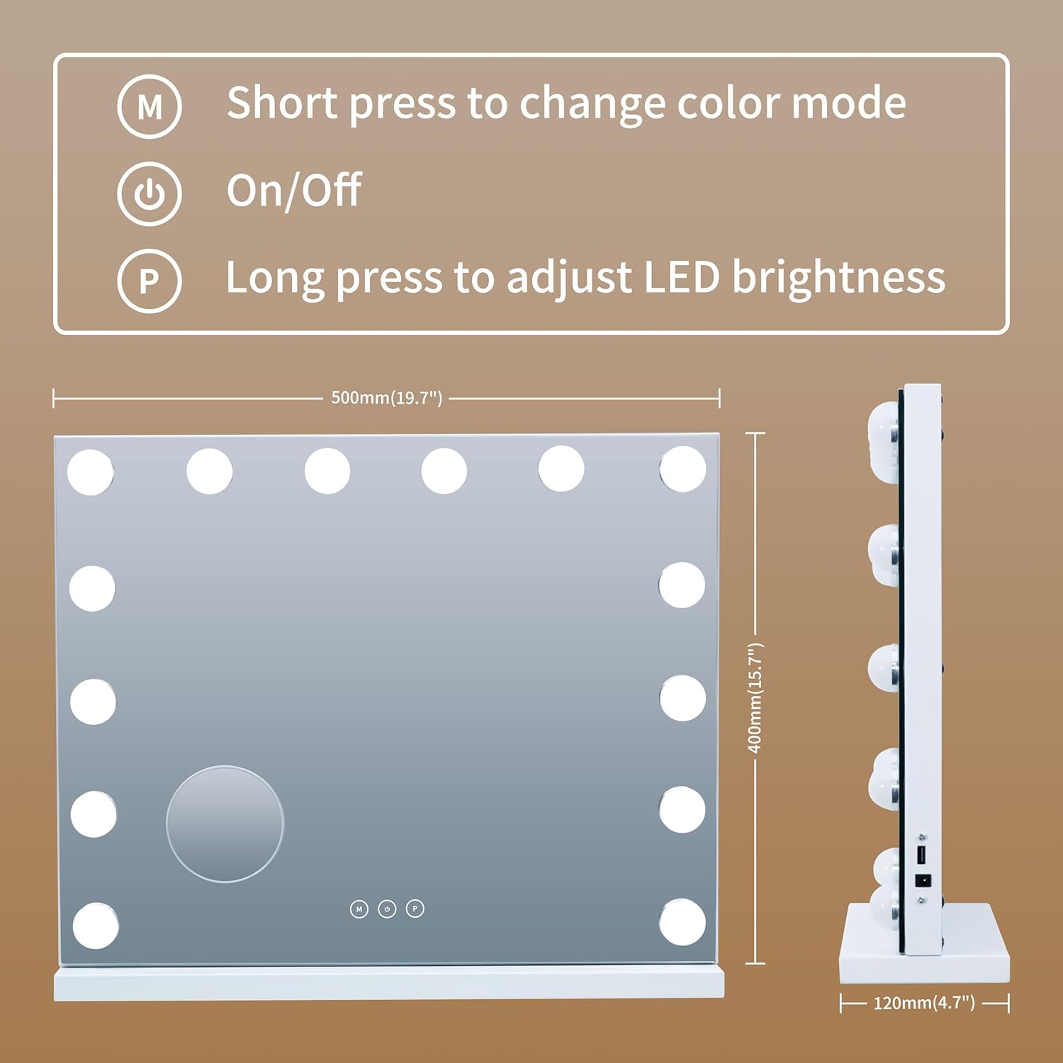 Vanity Mirror with Lights Lighted Makeup Mirror with Dimmable LED Bulbs,3 Color Lighting Modes,USB Charging Port Touch Control,Sturdy Metal Frame Design,White (50x40cm, 4.70)