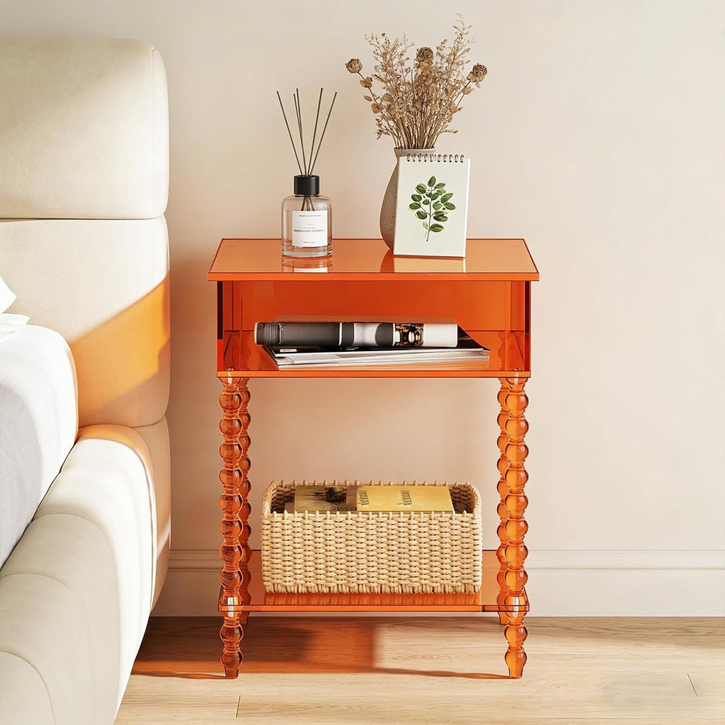 16inch Acrylic End Side Table, 3 Tier Orange End Table with Large Storage Modern Nightstand Coffee Table Accent Table for Compact Space Living Room Bedroom
