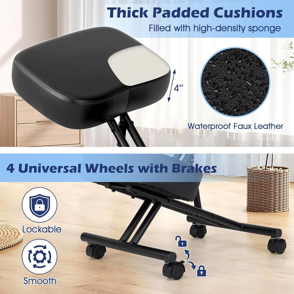 Giantex Ergonomic Kneeling Chair for Office, Knee Stool Chair w/Adjustable Height and Seat Angle to Relieve Pain, Posture Desk Chair w/Lockable Universal Wheels, Thick Padded Cushions, Black (1)