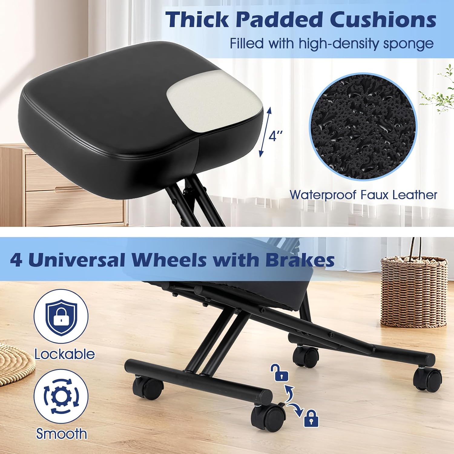 Giantex Ergonomic Kneeling Chair for Office, Knee Stool Chair w/Adjustable Height and Seat Angle to Relieve Pain, Posture Desk Chair w/Lockable Universal Wheels, Thick Padded Cushions, Black (1)