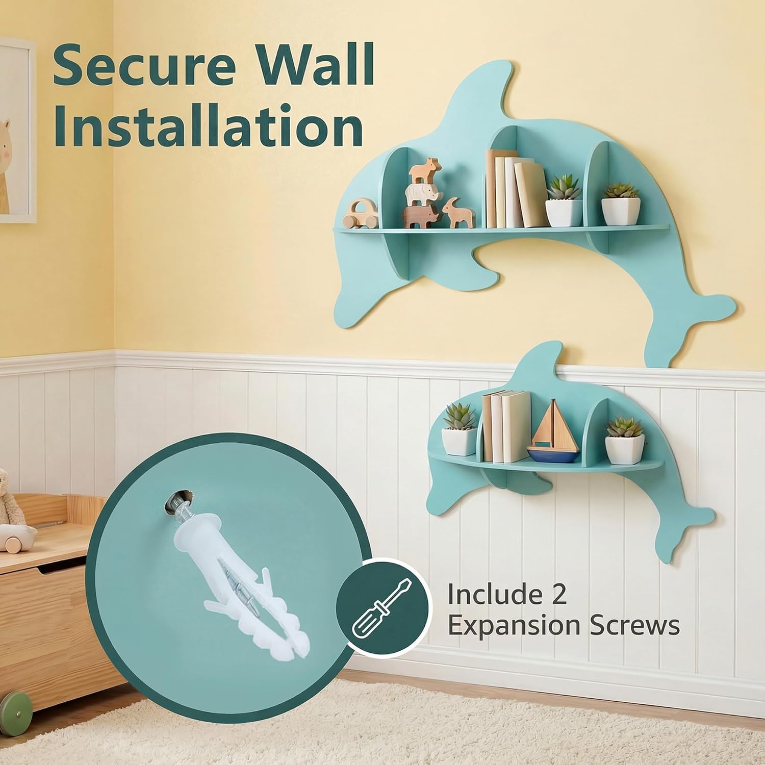 HONEY JOY Wall Mounted Kids Book Shelves Set of 2, Dolphin-Shaped Floating Book Shelves w/Compartments, Space-Saving Cute Bookcases, Wooden Display Storage Rack for Bedroom Nursery Kindergarten