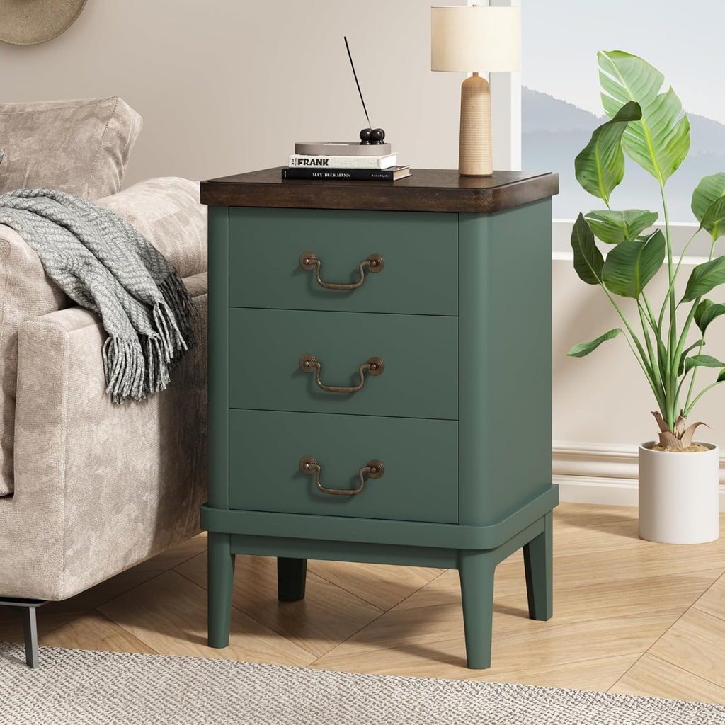 Wnutrees Farmhouse Nightstand with 3 Drawers，Modern Bedside Table with Round Curved Corner and Metal Handles, Wood End Side Table for Living Room, Hallway, Green
