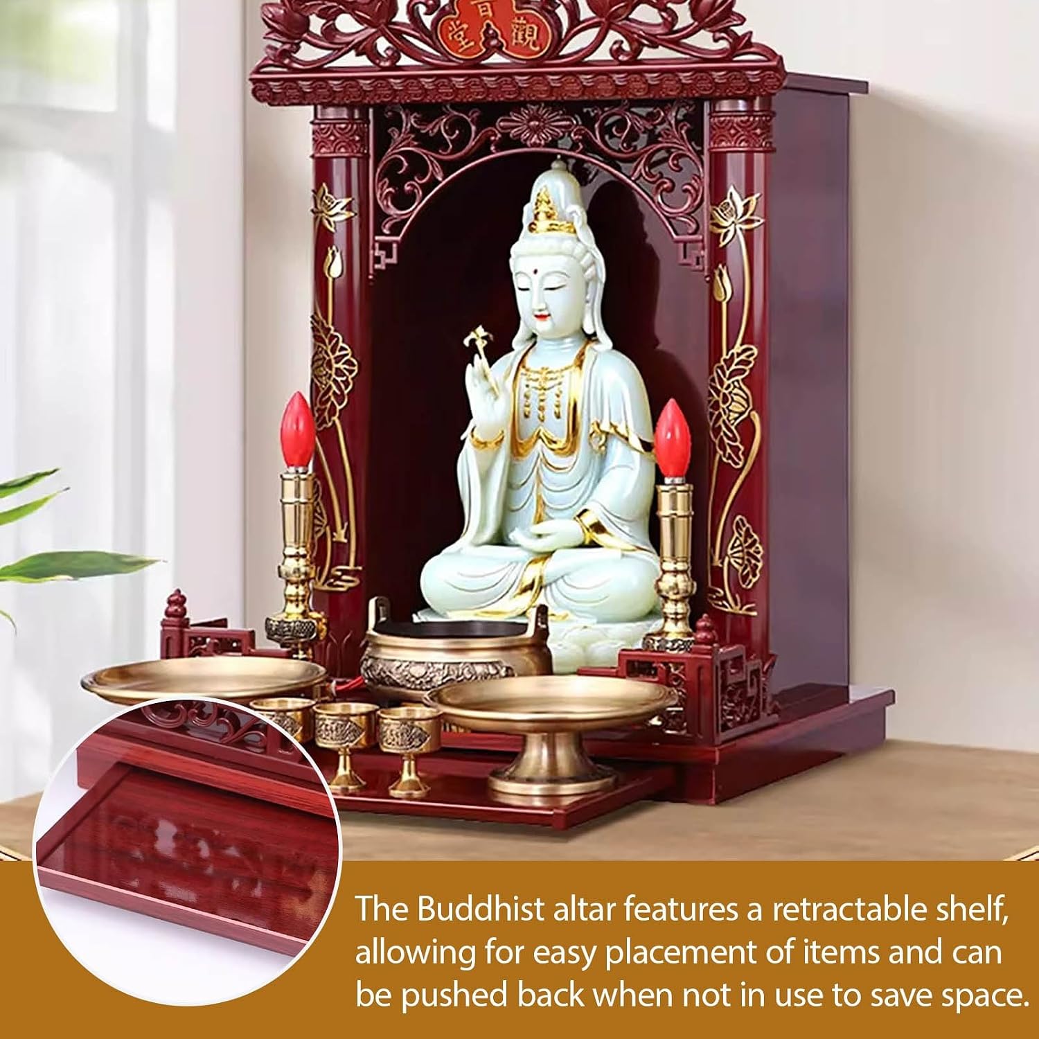 Wall Altar Shelf with Pull-Out Panel for Incense Offerings,Wall-Mounted Solid Wood Buddhist Shrine Altar Table for Meditation and Prayer(45 * 34 * 63.5cm/17.7 * 13.3 * 25in)