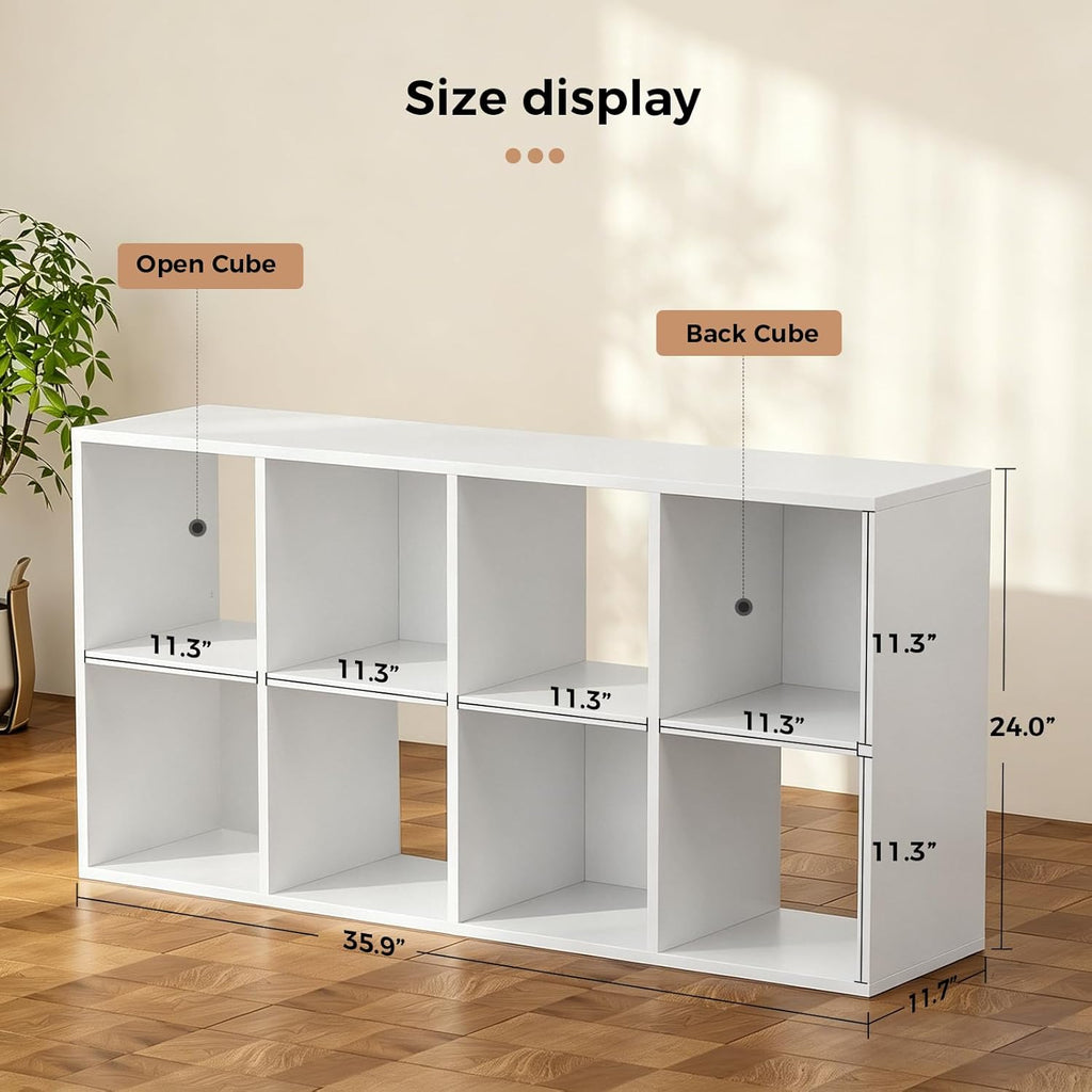 LUCKLIFE 8-Cube Storage Organizer, Stackable Modular Bookcase Shelf with Vertical or Horizontal Use, Fits 11×11" Bins, Optional Back Panels, for Living Room, Office, White