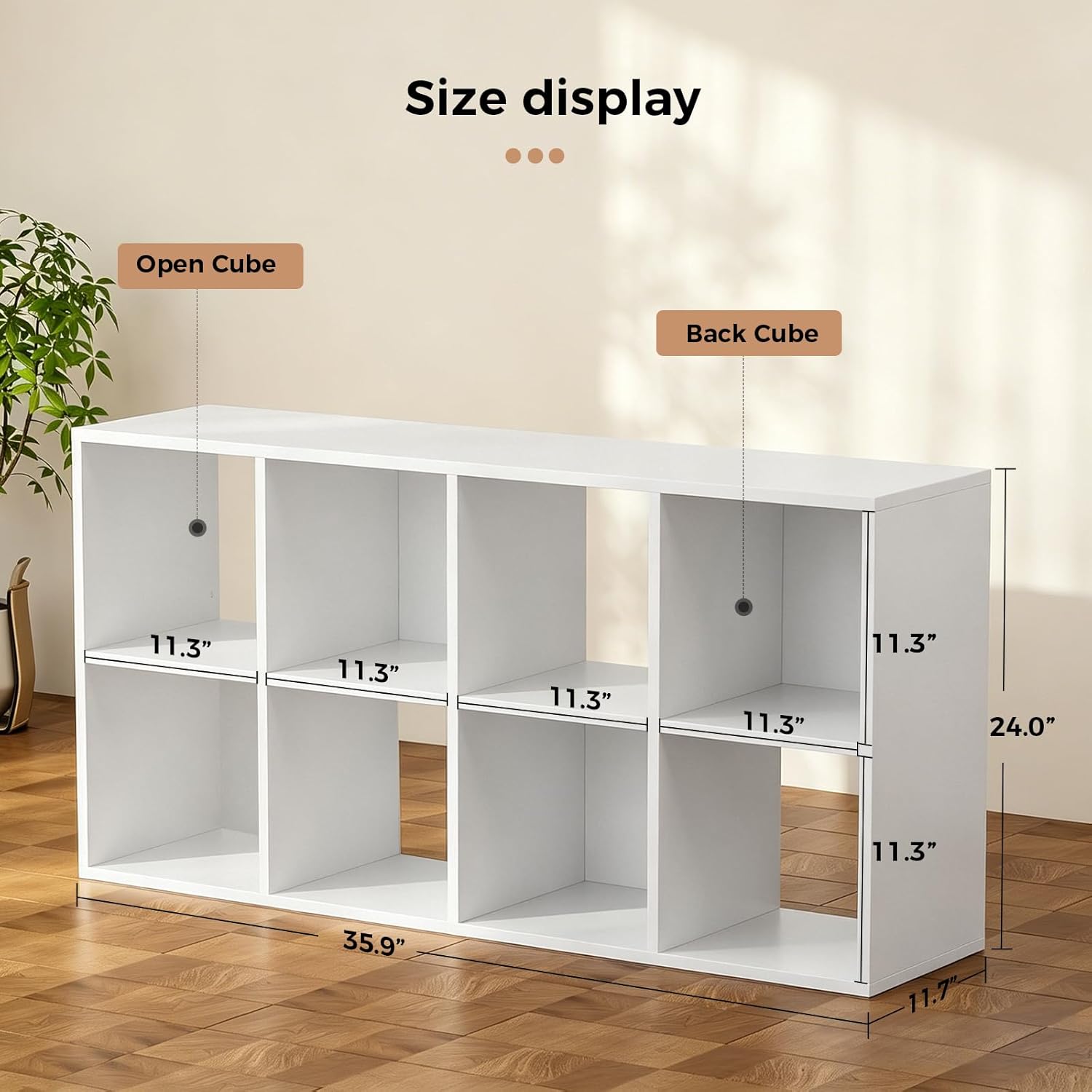 LUCKLIFE 8-Cube Storage Organizer, Stackable Modular Bookcase Shelf with Vertical or Horizontal Use, Fits 11×11" Bins, Optional Back Panels, for Living Room, Office, White