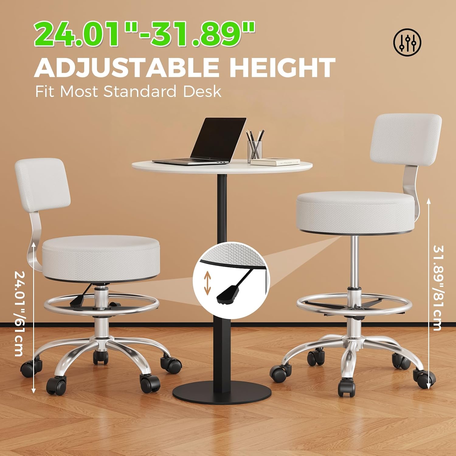 Office Drafting Chair with Footrest, Tall Height Adjustable Stool with Back Support, Heavy Duty Rolling Stool Chair with Wheels for Office Home Kitchen Bar Shop Guitar Studio Vanity, Gray