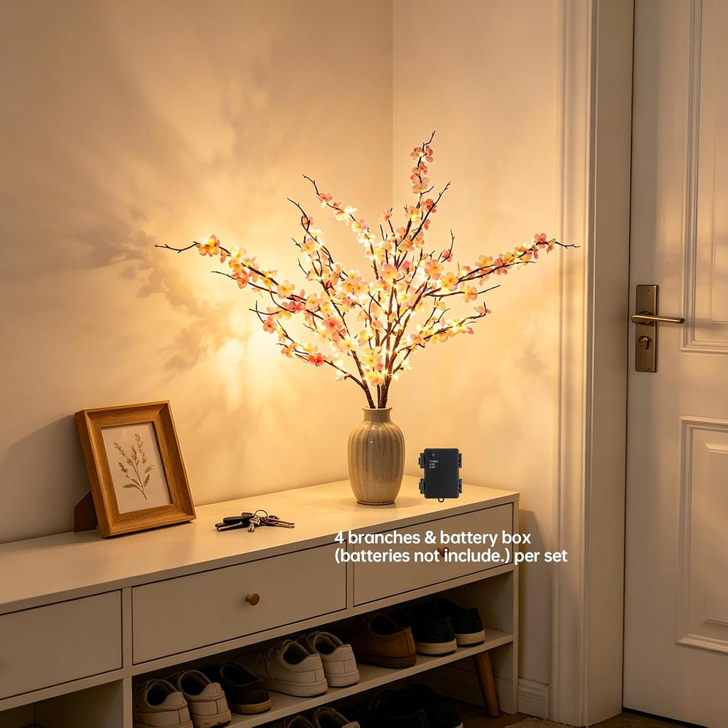 GOESWELL Cherry Blossom Lights for Vases: Fairy Style 4PCS 24in Artificial Cherry Blossom Flowers with 108 LED Lights Operated Lighted Twig Branches for Vases Wedding Party Home Indoor Decor