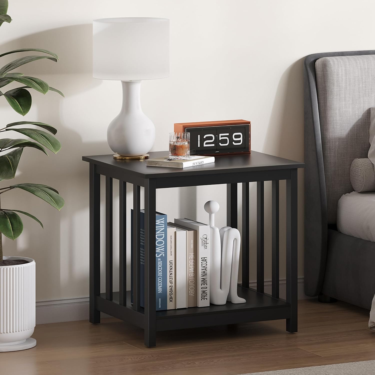 Treocho Large End Tables Living Room Set of 2 with Storage Shelf | Side Table, 24 InchModern Nightstand, Living Room, Bedroom, Office, Black