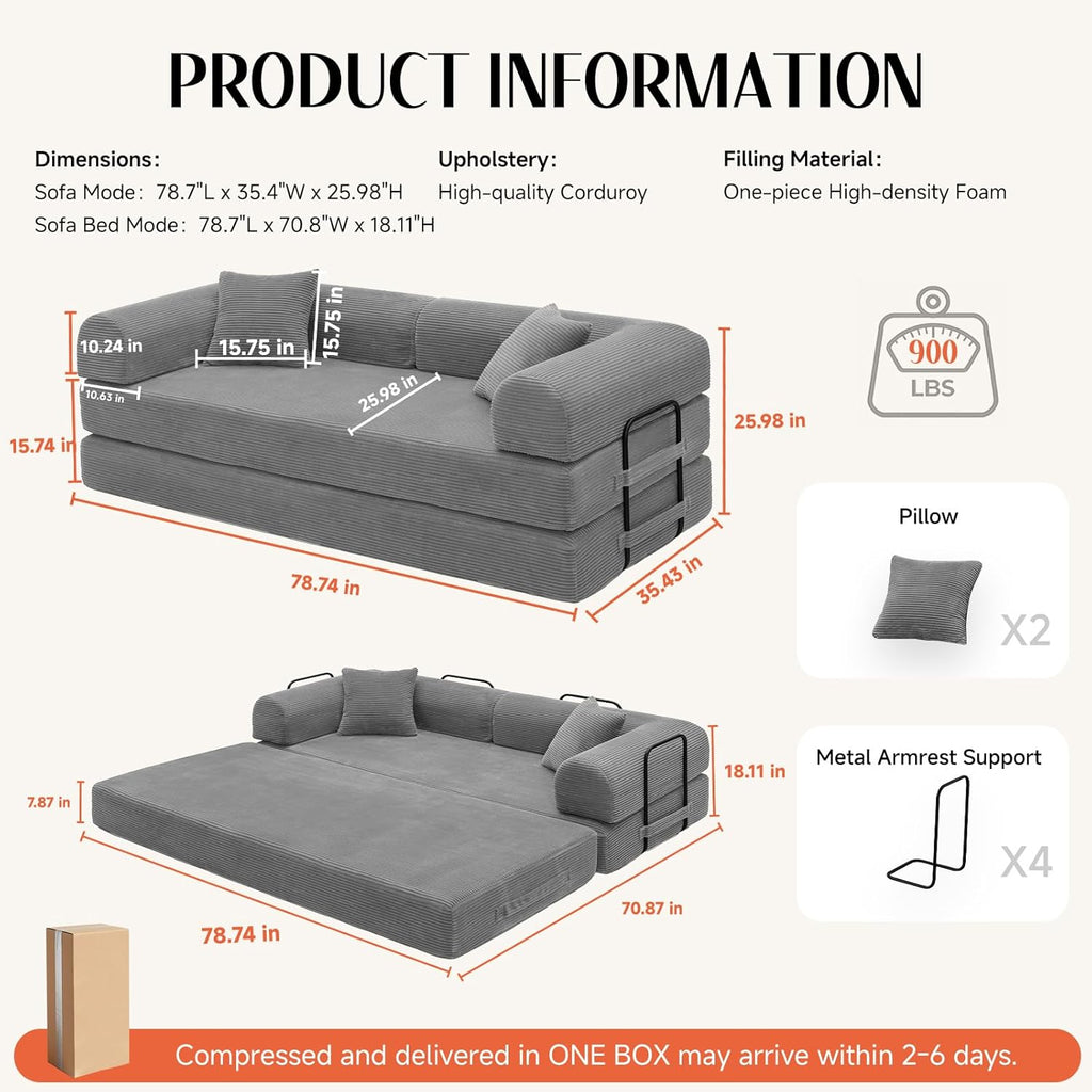79'' Convertible Sofa Bed, Boneless Couch-in-a-Box, Corduroy Floor Futon Loveseat Sleeper, 26'' Deep Seat, Removable Machine-Wash Covers, No Assembly, 2 Pillows, Light Grey