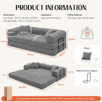 79'' Convertible Sofa Bed, Boneless Couch-in-a-Box, Corduroy Floor Futon Loveseat Sleeper, 26'' Deep Seat, Removable Machine-Wash Covers, No Assembly, 2 Pillows, Light Grey
