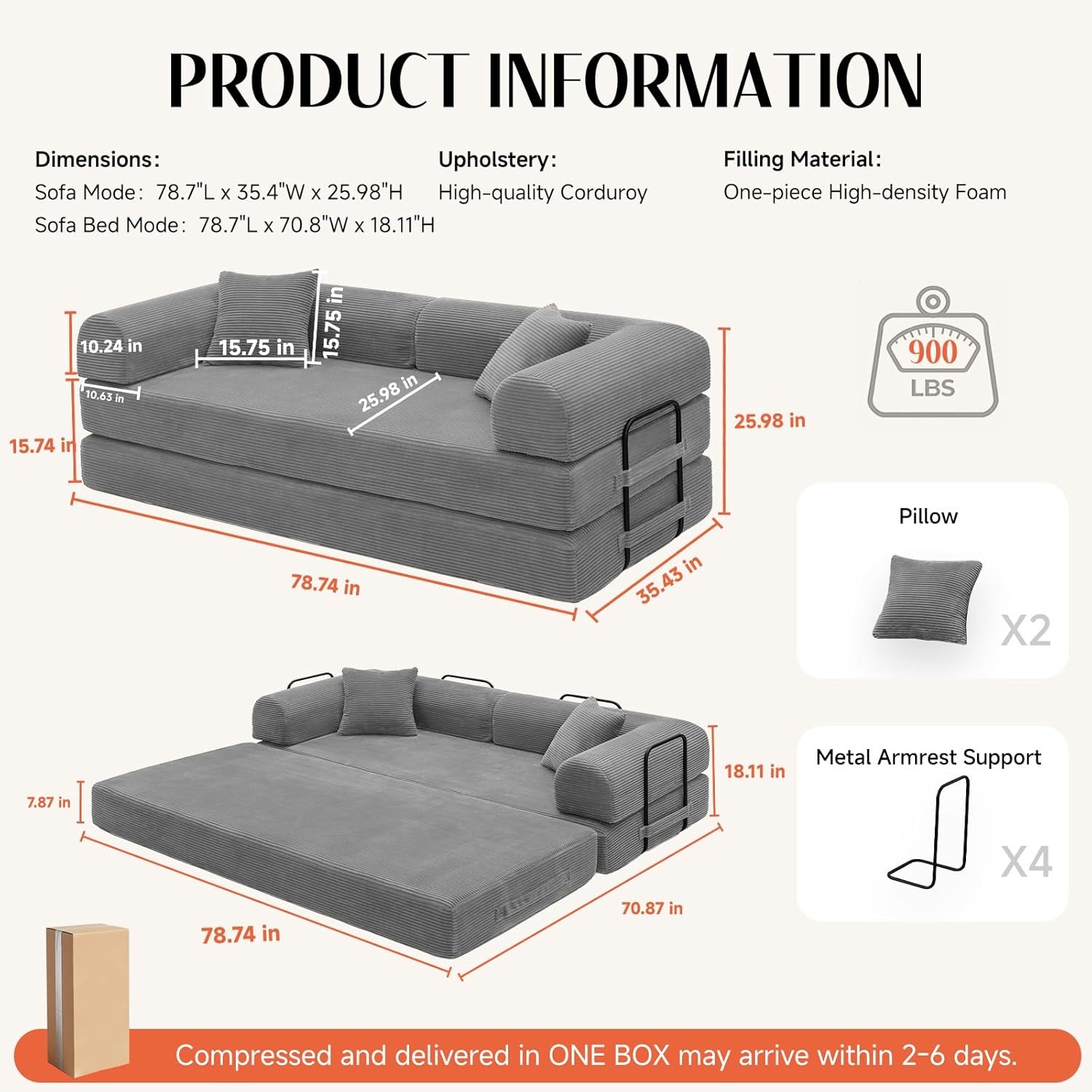 79'' Convertible Sofa Bed, Boneless Couch-in-a-Box, Corduroy Floor Futon Loveseat Sleeper, 26'' Deep Seat, Removable Machine-Wash Covers, No Assembly, 2 Pillows, Light Grey