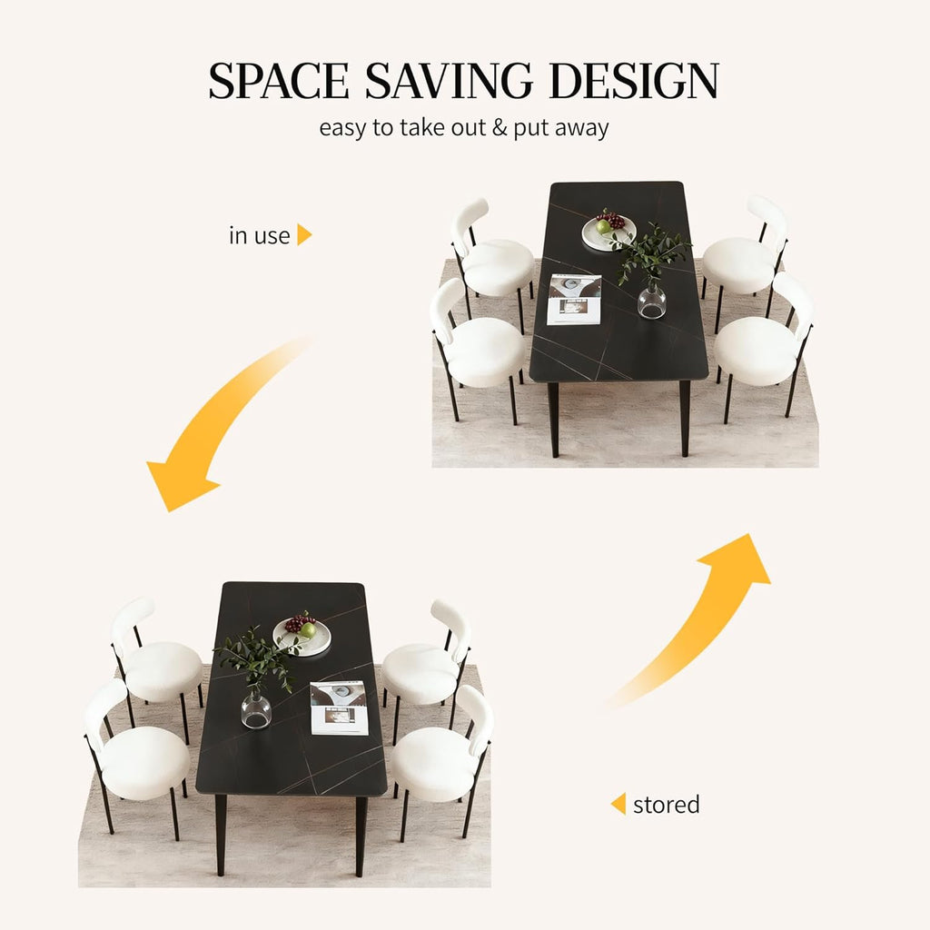 Dining Chairs Set of 2, Boucle Upholstered Modern Mid Century Round Kitchen Chairs with Curved Backrest & Metal Legs for Vanity, Living Room (White-1)
