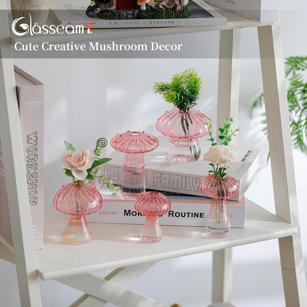 Glasseam Pink Glass Mushroom Vase: Cute Small Flower Vase Set of 10 Unique Mini Bud Vases for Centerpieces Decorative Vases for Flowers Funky Plant Vase Decor