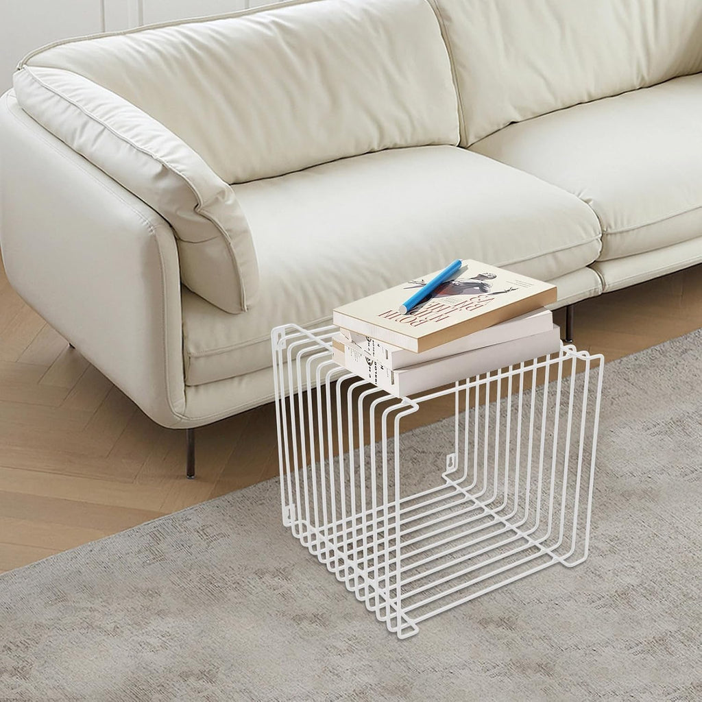 Square Geometry Retro Side Table, 11.8in Iron Multi-Purpose Side Table Square Cage End Tables Industrial Night Stand for Living Room Bedroom, Load Capacity 264.55lb (White, 11.8×11.8×11.8in)