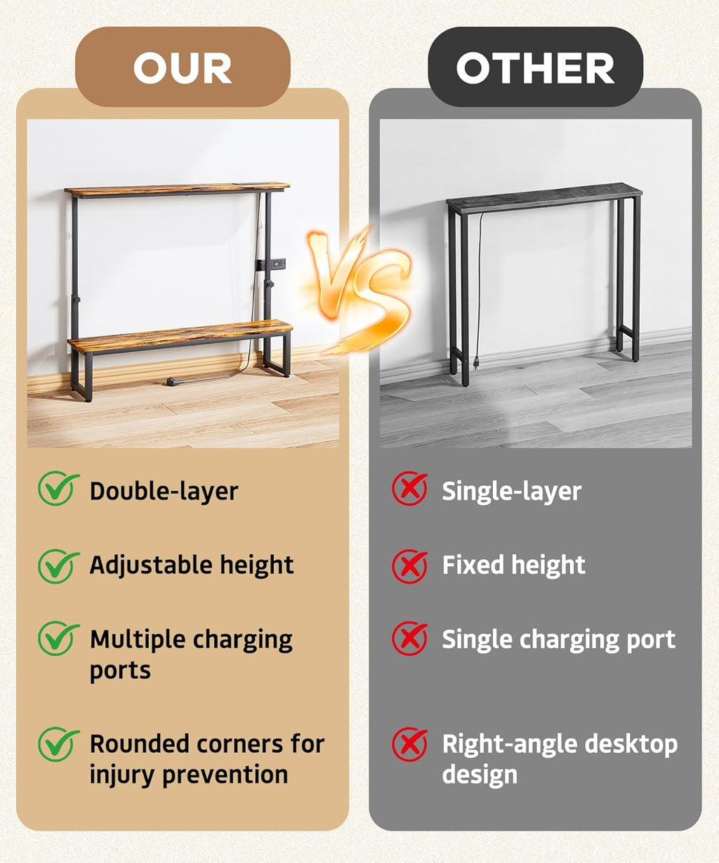 Homde 2-Tier Narrow Console Table: Industrial Design with Adjustable Height & Outlets - 39.4" Small Entryway Shelf for Living Room Hallway Behind Couch - Sofa Side Desk Display Shelf