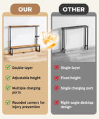 Homde 2-Tier Narrow Console Table: Industrial Design with Adjustable Height & Outlets - 39.4" Small Entryway Shelf for Living Room Hallway Behind Couch - Sofa Side Desk Display Shelf
