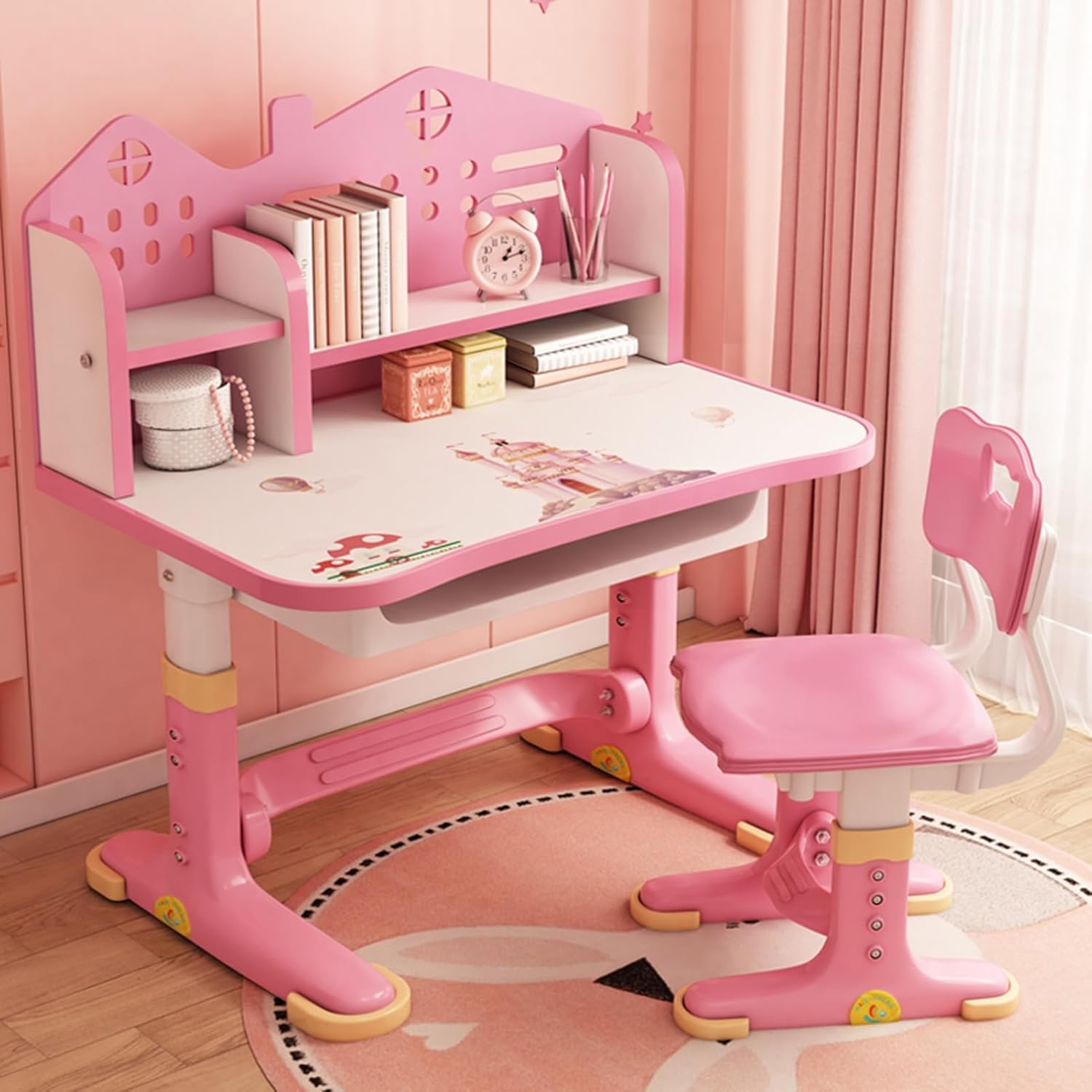 Kids Functional Desk and Chair Set, Height Adjustable Children School Study Desk with Storage Drawer for Boys Girls (Pink)