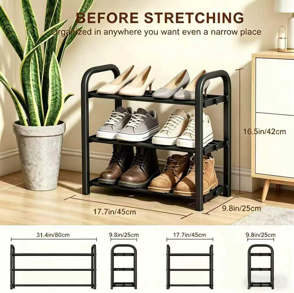 3-Tier Expandable Shoe Rack, 17"-41" Adjustable Shoe Shelf Storage Organizer, Heavy Duty Metal Free Standing Shoe Rack for Entryway Closet Doorway, Suitable for Families & Renters