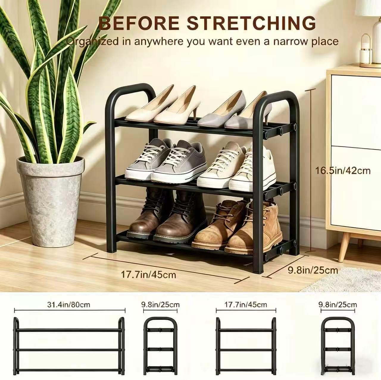 3-Tier Expandable Shoe Rack, 17"-41" Adjustable Shoe Shelf Storage Organizer, Heavy Duty Metal Free Standing Shoe Rack for Entryway Closet Doorway, Suitable for Families & Renters