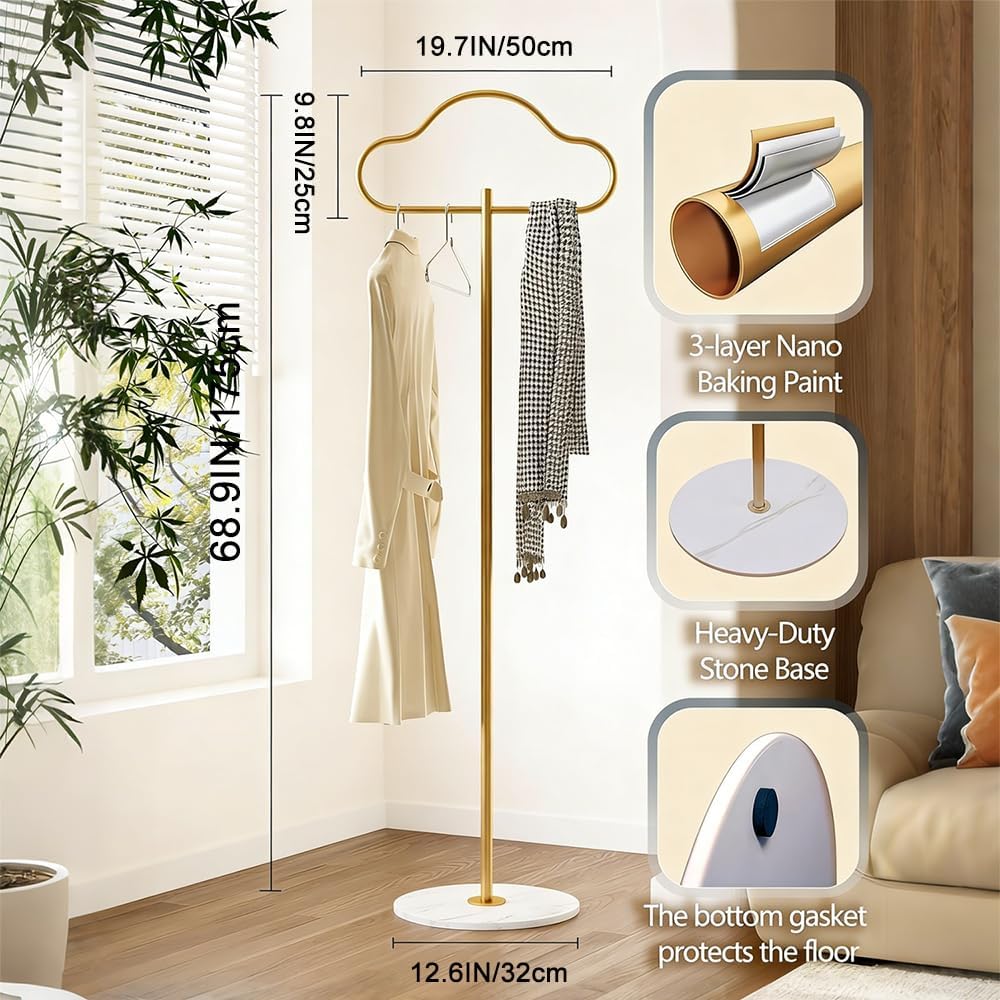 Coat Rack Freestanding Clothes Rack with Hooks & Marble Base, Heavy Duty Coat Hanger Stable Coat Stand for Entryway Bedroom, Hanging Garment Rack Hall Tree for Clothing Tie Hat Bag Purse (White Cloud)