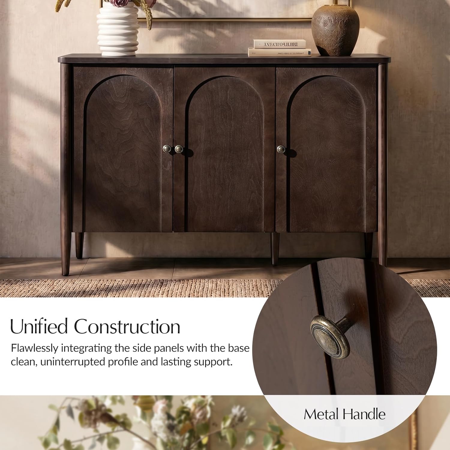 HULALA HOME Solid Wood Sideboard Cabinet with Storage, 47" Sideboard with Arched Doors & Adjustable Shelves, Media Console, Transitional Buffet Cabinet, Auburn