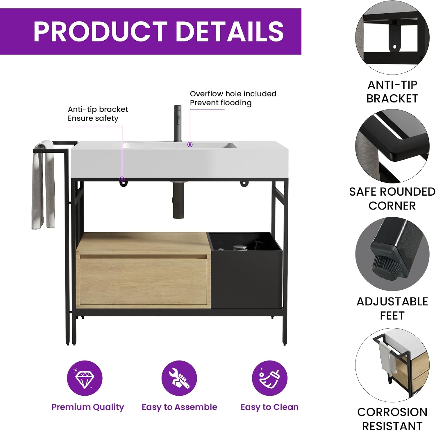 36" Bathroom Console Sink with Metal Legs, Bathroom Vanity with White Sink, Storage Drawer and Metal Basket, Utility Sink for Hotel, Laundry Room, Garage, Basement