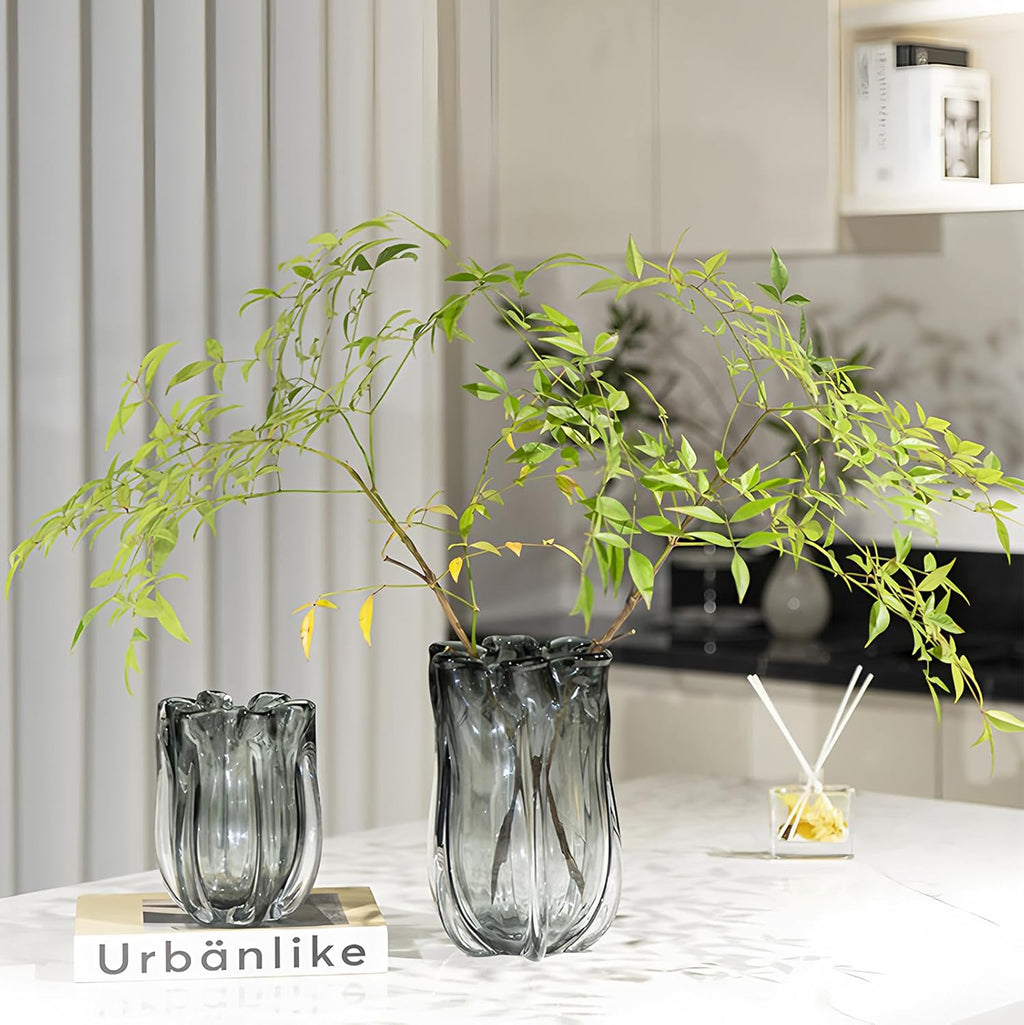 Modern Black Advanced Grey Glass Vase for Flowers, Hand Blown Art Glass Glass vase,Room Decoration and Centerpiece
