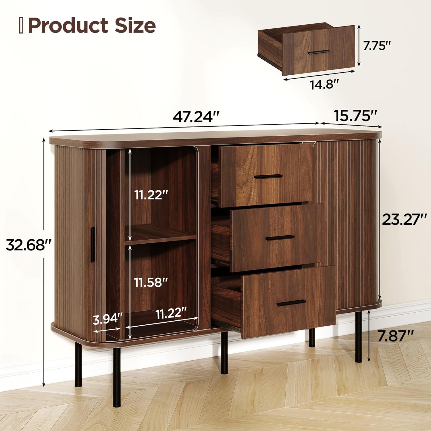 47'' Fluted Cabinet with Storage, Walnut Buffet Cabinet Sideboard with Sliding Door, 3 Drawers & Adjustable Shelf, Mid Century Coffee Bar, Curved Edge Design Storage Cabinet for Kitchen, Living Room