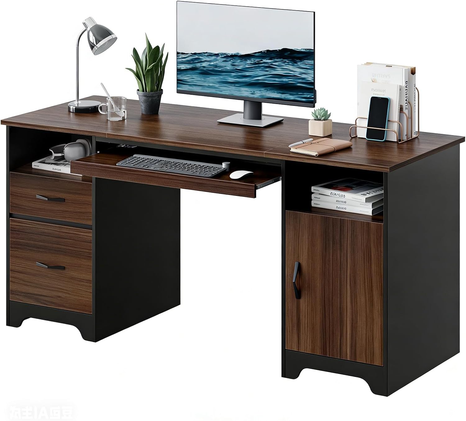 Bestier 59”Executive Desk with 2 Drawers,Computer Desk with Storage Cabinet,Industrial Wood Desk with File Drawer,Keyboard Tray & 2 Pedestals for Home Office & Studio,Cherry