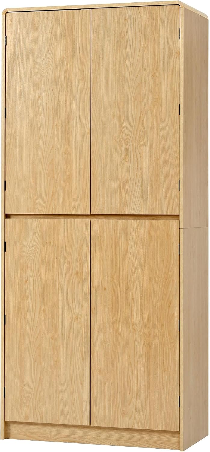 72" Tall Pantry Cabinets for Kitchen Storage, Natural Pantry Storage Cabinet with Doors and Adjustable Shelves, Freestanding Pantry Cupboard with Drawers for Dining Room Bathroom (Natural, 72")