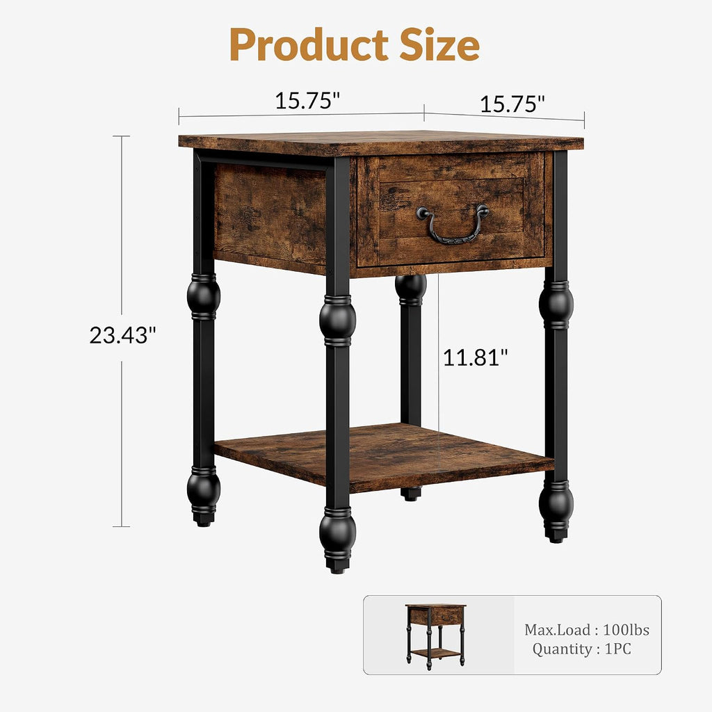 Roman Column End Table with Drawer, Vintage Industrial Side Table Nightstand, Retro Brown Single Drawer & Open Shelf Accent Table for Living Room, Bedroom, Office - Sturdy Metal & MDF Construction