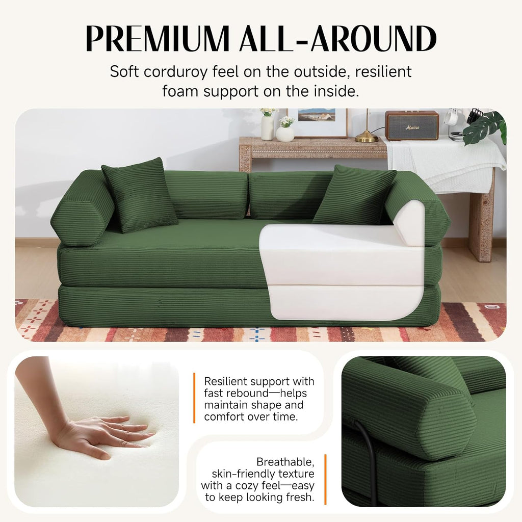 79" Corduroy Sofa Bed, Boneless Couch in a Box with 2 Pillows, High-Density Foam 4-in-1 Foldable Sleeper Futon Loveseat for Small Spaces, No Assembly, Side Pockets, Hex Arm Hunter Green