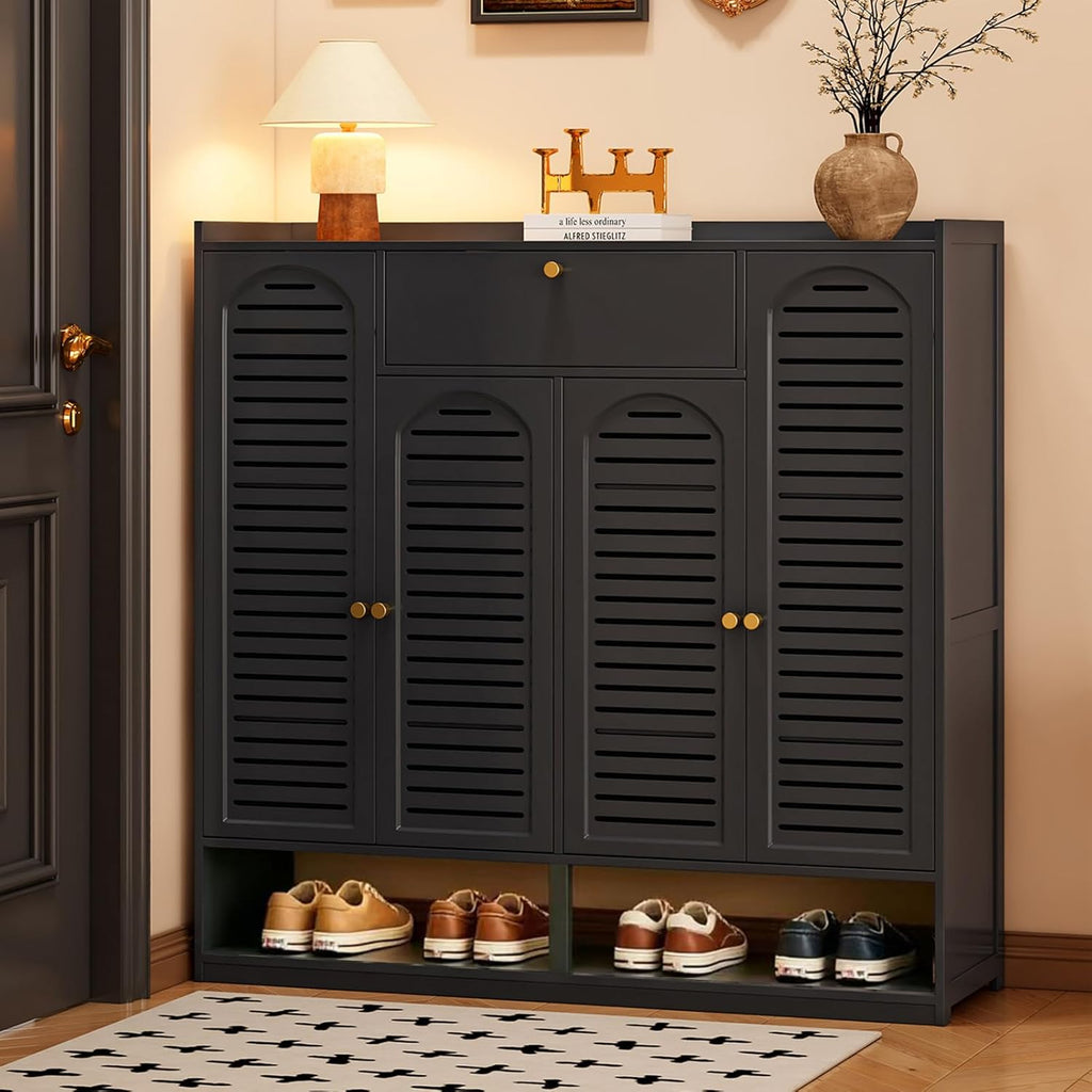 Shoe Cabinet with Louvered Doors, Freestanding Entryway Shoe Storage Cabinet with Drawer & Open Compartment, Modern Bamboo Shoe Rack Organizer with Thickened Adjustable Shelves for Closet