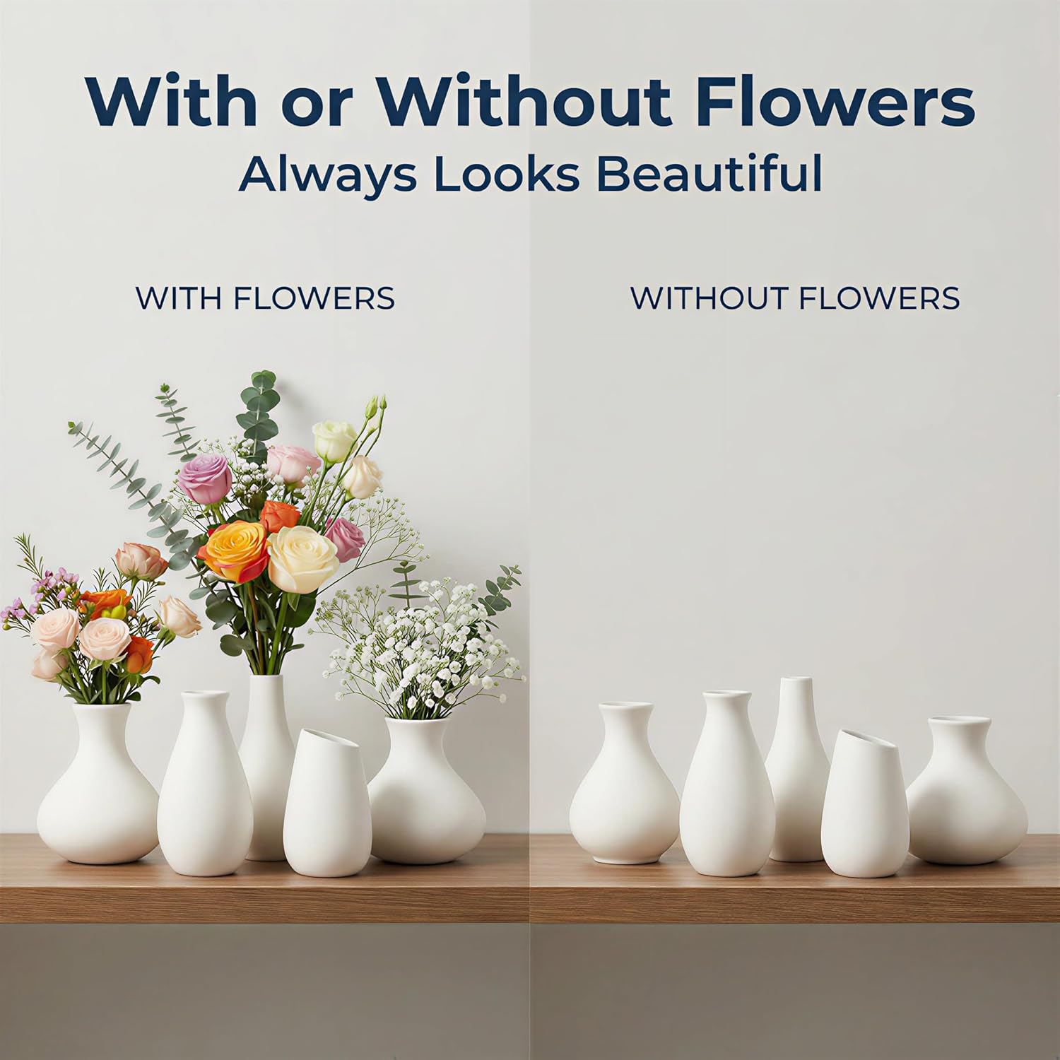 White Ceramic Bud Vase Set of 10, Small Vases for Pampas Grass, Flowers, Mini Vases for Modern Home Decor, Minimalist Decor, for Living Room, Dining Table & Shelves