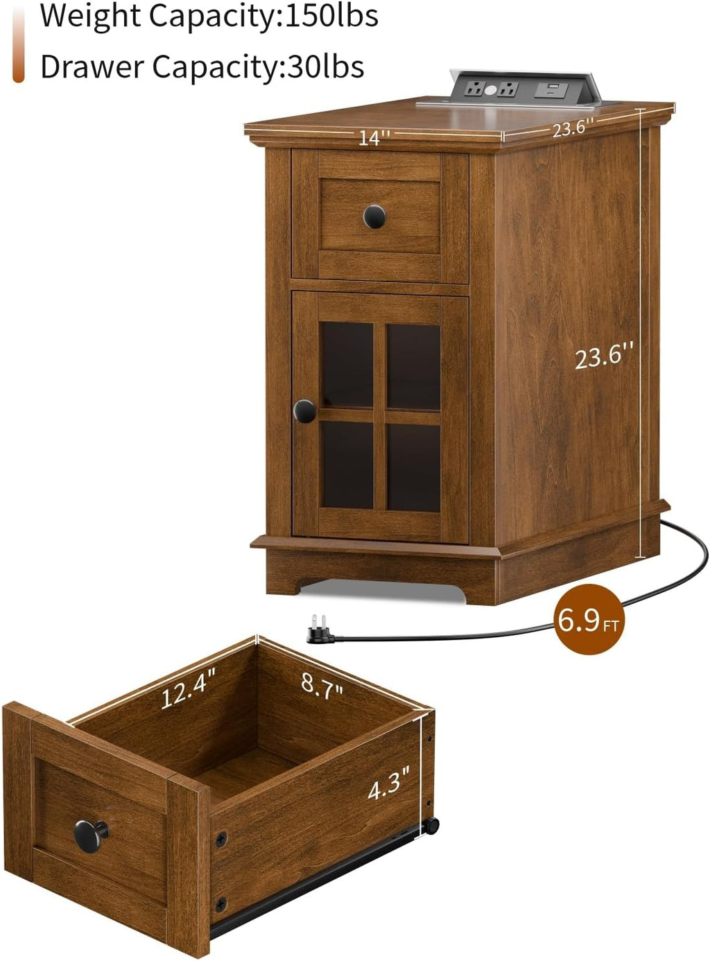 HIFYOBRO Narrow End Table with Flip Top Charging Station Set of 2, Storage Side Table with Drawer and Cabinet, Type-C & USB Port & Power outlets, Wooden Storage Cabinet for Bedroom/Living Room