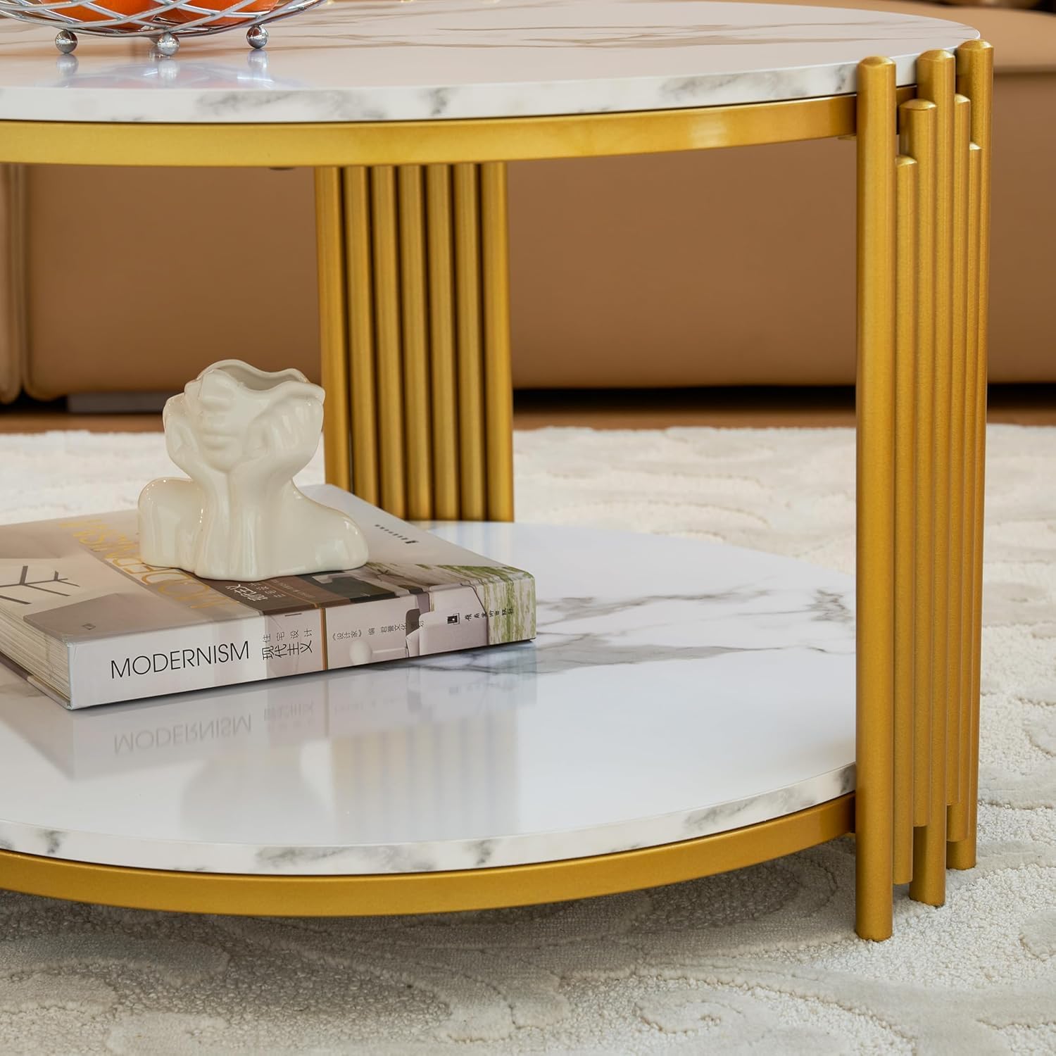 3 Piece Living Room Table Set, Faux Marble Round Coffee Table and End Tables, Luxury Modern White Coffee Table Set of 3 with Gold Metal Frame for Living Room, Bedroom, Apartment