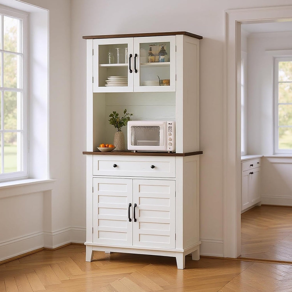 Pantry Cabinet with Charging Station, Tall Kitchen Pantry Storage Cabinet with Microwave Stand, 2 Glass Doors for Living Room, Dining Room