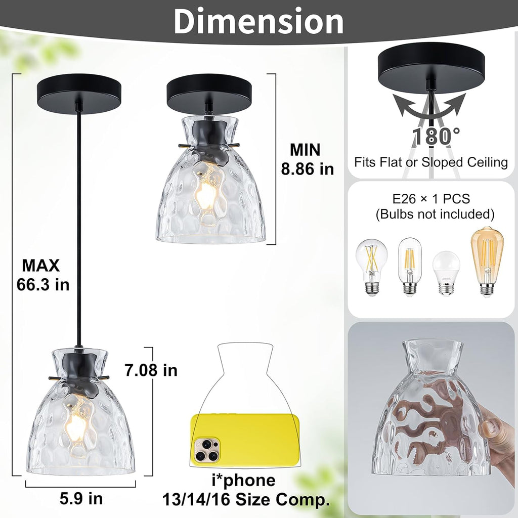 5.9” Mini Hammered Glass Black Pendant Lights Kitchen Island 2 Pack, Small Farmhouse Pendant Light Fixtures, Adjustable Modern Hanging Lighting Kitchen Pendant Lights over Island Sink Dining Room