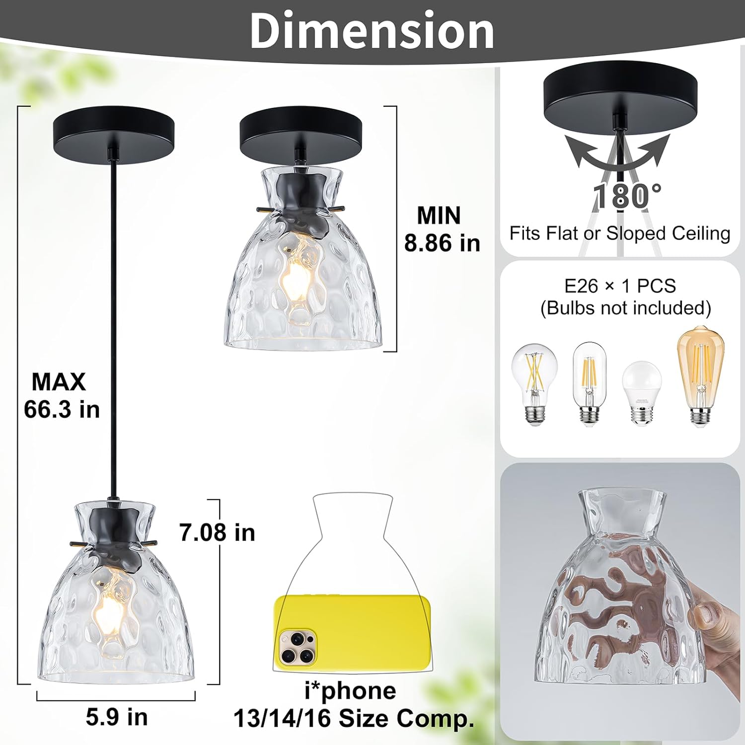 5.9” Mini Hammered Glass Black Pendant Lights Kitchen Island 2 Pack, Small Farmhouse Pendant Light Fixtures, Adjustable Modern Hanging Lighting Kitchen Pendant Lights over Island Sink Dining Room