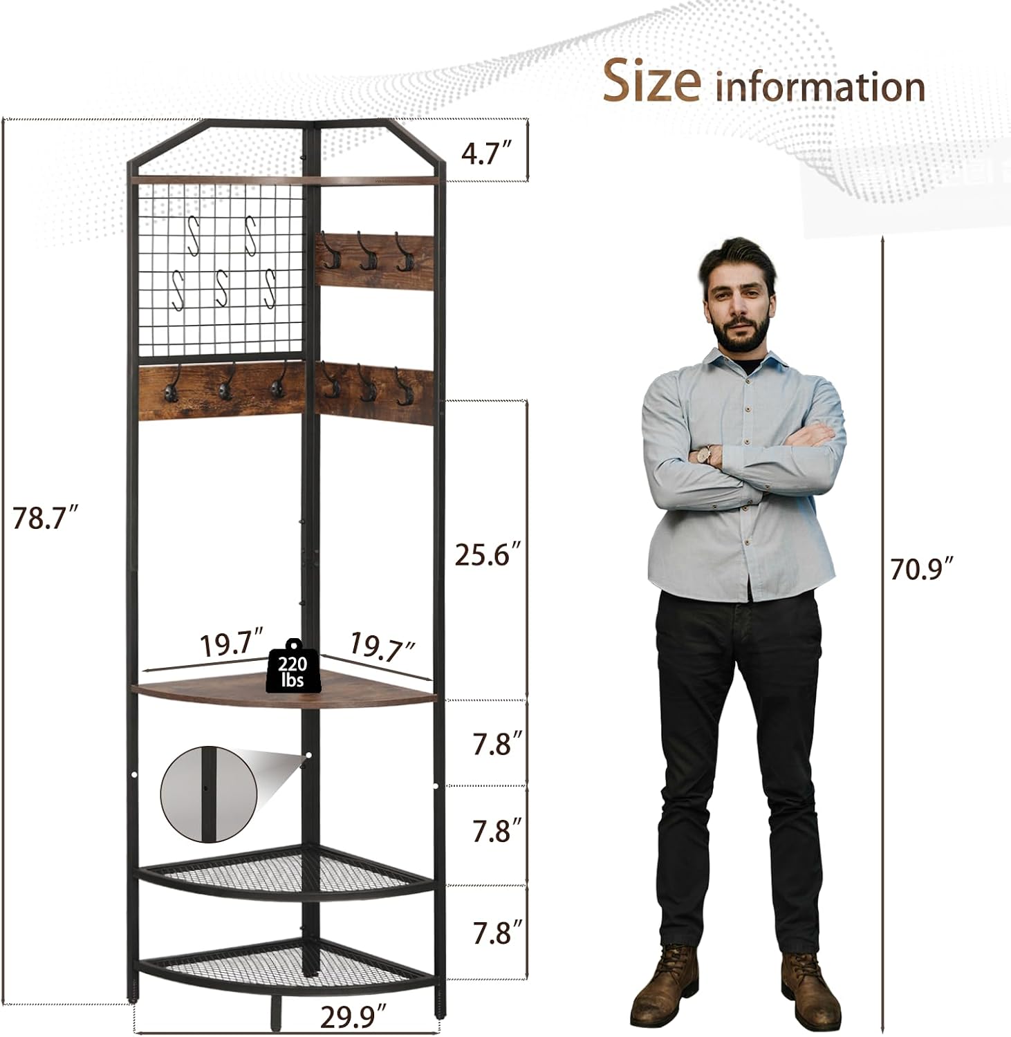 Corner Coat Rack, Coat Rack with Shoe Storage, Hall Tree with Bench and Shoe Storage, Freestanding Shelves with 14 Hook for Entryway, Hallway,Bedroom (Corner)