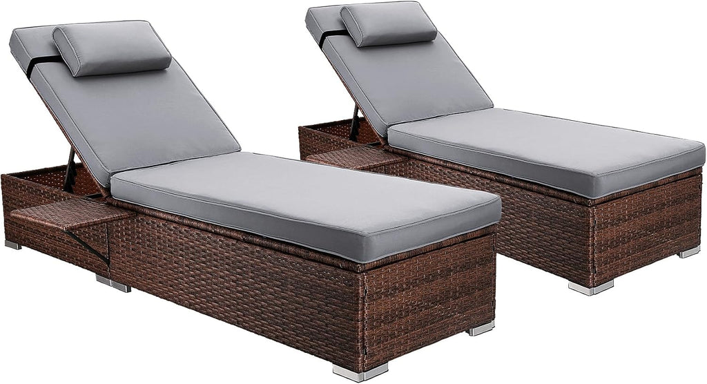 OUYESSIR Chaise Lounge Outdoor Wicker Lounge Chairs for Outside PE Rattan Patio Chairs Pool Loungers Set of 2 for Deck Yard Beach Poolside, with Side Shelf, Adjustable 5 Position, Grey/Brown