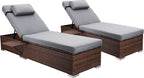 Rophefx Outdoor PE Wicker Patio Lounge Chairs Set of 2, Outside Rattan Pool Lounge Chair with Cup Holder & Adjustable Backrest, Brown Rattan Recliners for Poolside Deck Beach Yard (Grey Cushions)