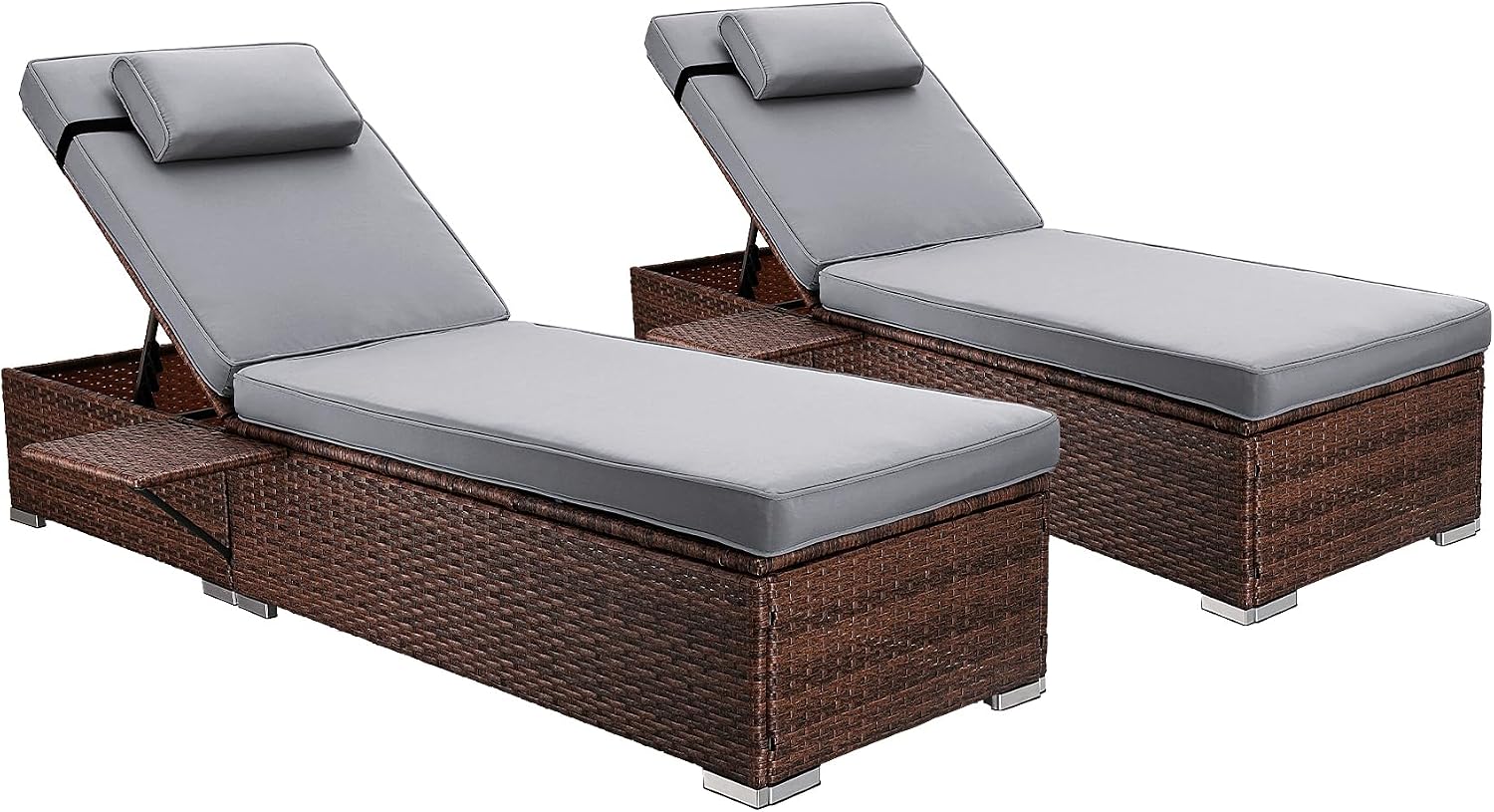 Rophefx Outdoor PE Wicker Patio Lounge Chairs Set of 2, Outside Rattan Pool Lounge Chair with Cup Holder & Adjustable Backrest, Brown Rattan Recliners for Poolside Deck Beach Yard (Grey Cushions)