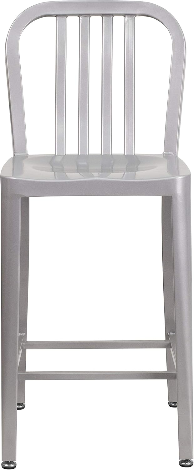 Flash Furniture Gael Commercial Grade 2 Pack 24" High Silver Metal Indoor-Outdoor Counter Height Stool with Vertical Slat Back