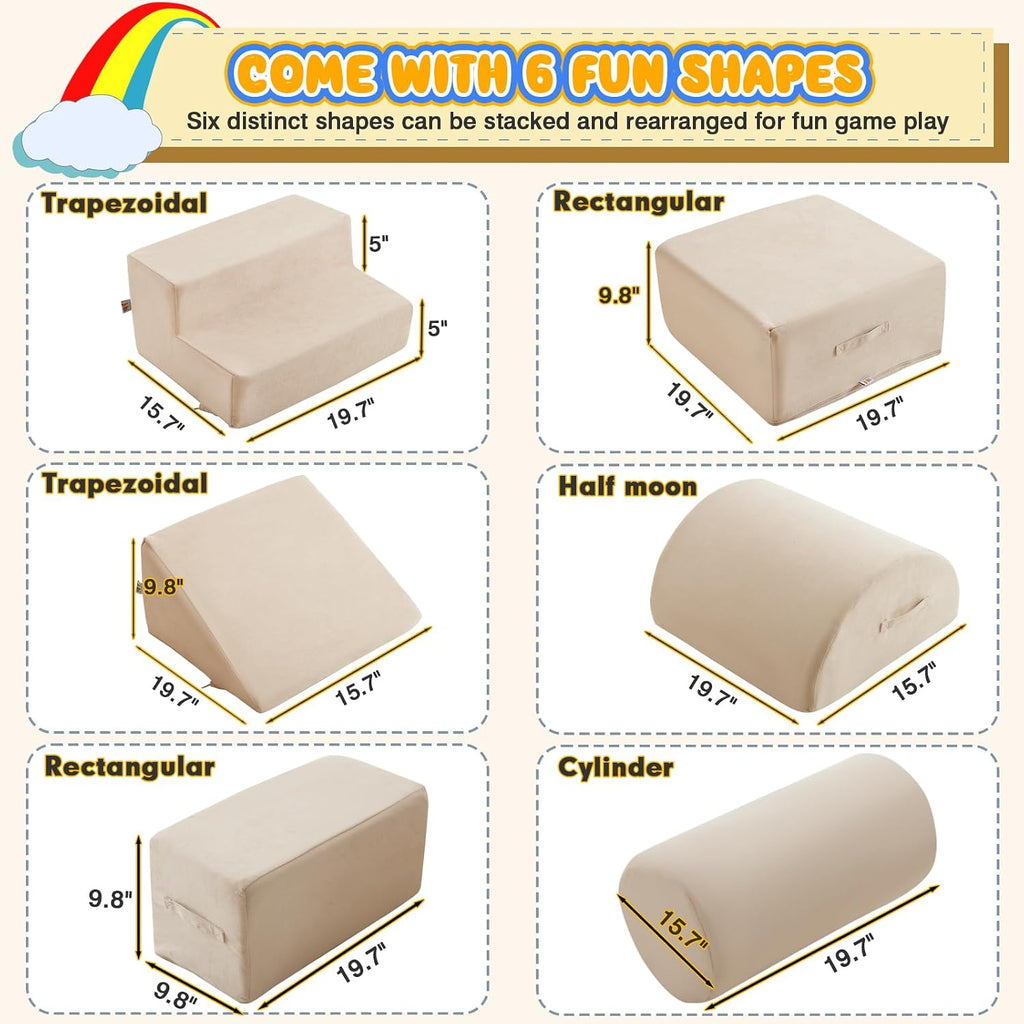 jela Kids Foam Climbing Blocks 6Pcs Soft Play Equipment Luxury Miss Fabric Toddler Climbing Toys Indoor, Lightweight Climbing Blocks for Babies, Kids, Climb and Crawl Foam Playset (Sand Beige)